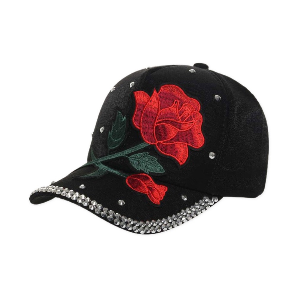 Red Flower Rhinestone Black Baseball Cap - Picture 4 of 7
